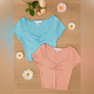 Topshop rib ruched crop top in apricot & baby blue